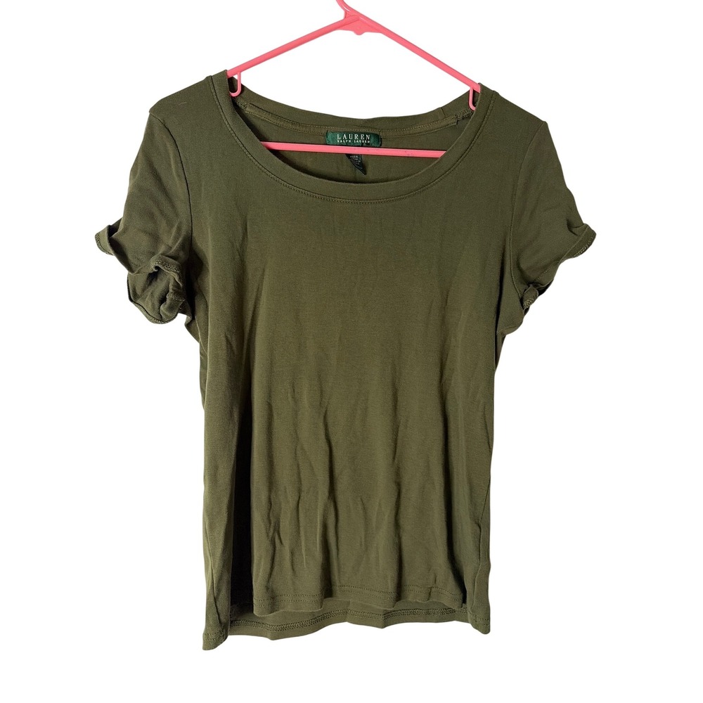 Lauren Ralph Lauren Womens Olive Green Cotton Roll‎ Tab Sleeve T-Shirt Size M